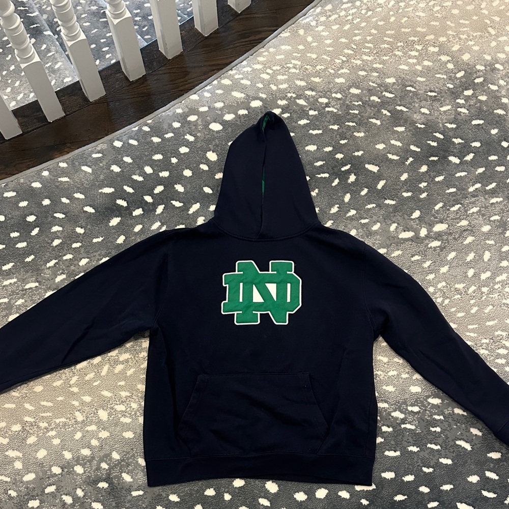 Stadium Athletics Navy Hoodie with Green ND Chest Logo